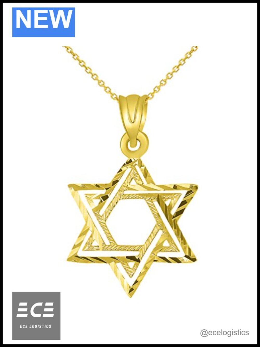 Solid 14K Yellow Gold Textured Hebrew Star of David Pendant Necklace